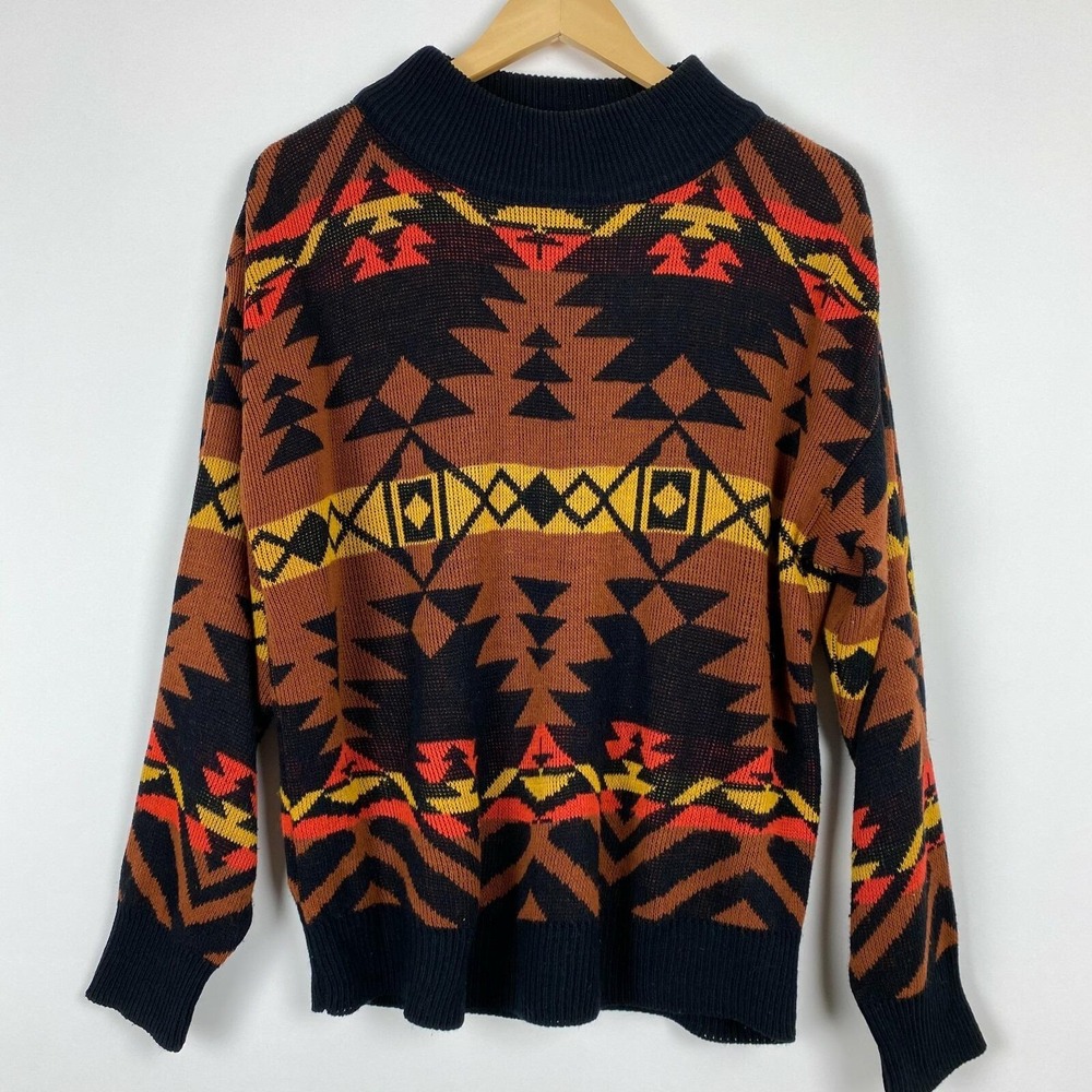 Vintage 90s Sweater Jumper Size 46" Chest M L Aztec Brown Black Grunge Tribal